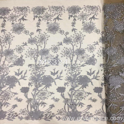 Gray Sunflower Embroidered Tulle Fabric